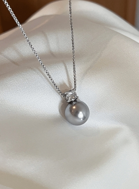 戴妃真多麻灰色珍珠项链单颗四爪钻石吊坠颈链女款2025新款锁骨链