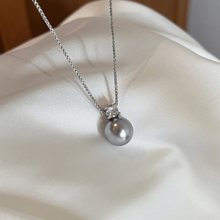 戴妃真多麻灰色珍珠项链单颗四爪钻石吊坠颈链女款2025新款锁骨链