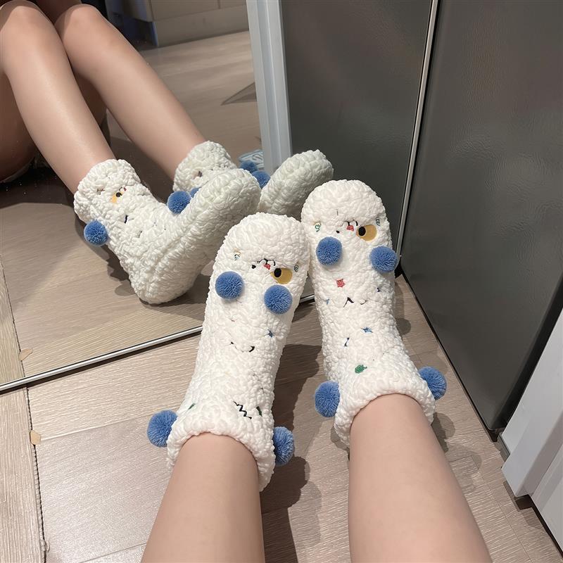 巨厚羊羔绒袜子女秋冬季加绒加厚地板袜珊瑚绒中筒袜居家睡眠袜