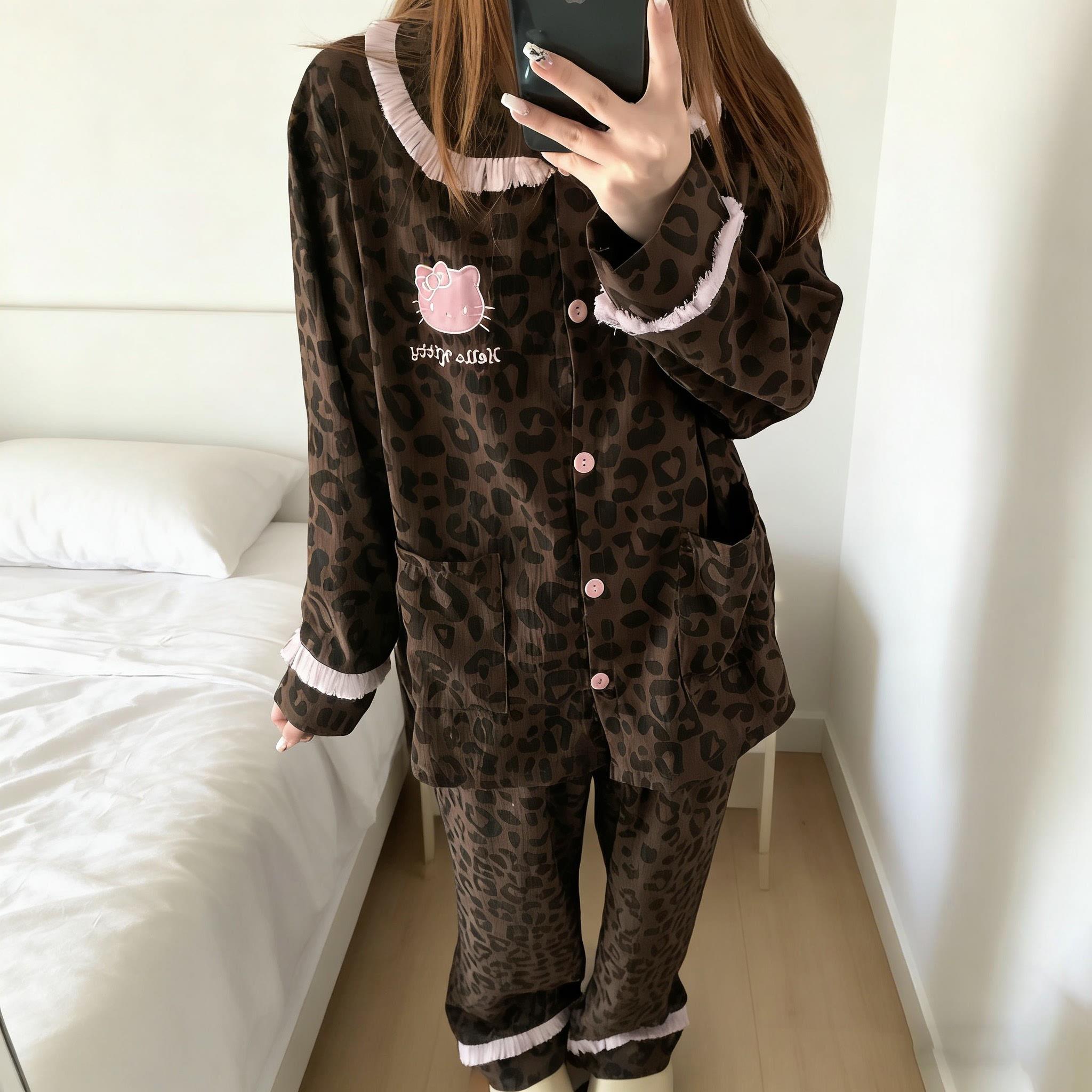 可爱豹纹睡衣女款春夏长袖长裤学生可外穿宽松开衫简单家居服套装