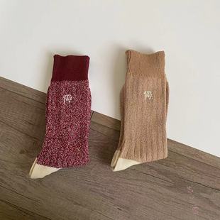 加厚保暖粗线jw复古拼色中筒袜男女冬季 保暖纯色小腿袜简约堆堆袜