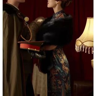 民国风旗袍披肩仿狐狸毛保暖百搭毛披肩军阀太太毛绒复古披风外搭