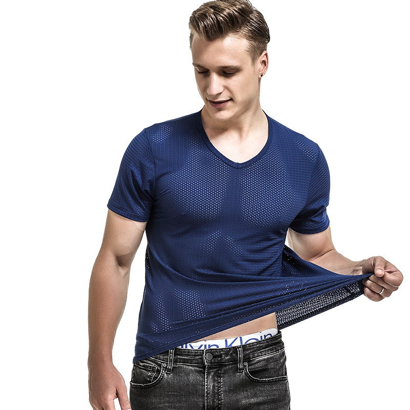 冰丝网眼t恤男网孔透气网纱镂空运动健身夏速干宽松v领潮网格短袖