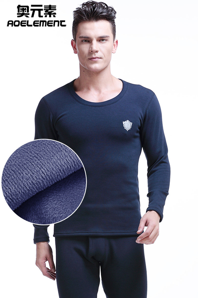 奥元素男士秋衣单件加厚加绒圆领修身防寒打底保暖上衣内衣男冬季
