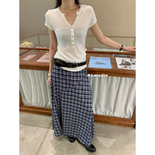 新款 韩版 STUDIO ins潮复古高腰格纹气质压褶半身裙女 2025秋季