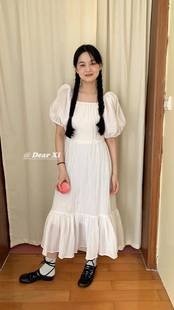 甜美方领泡泡袖 DEAR 大摆优雅荷叶连衣裙 新款 2024夏季 时尚 韩版