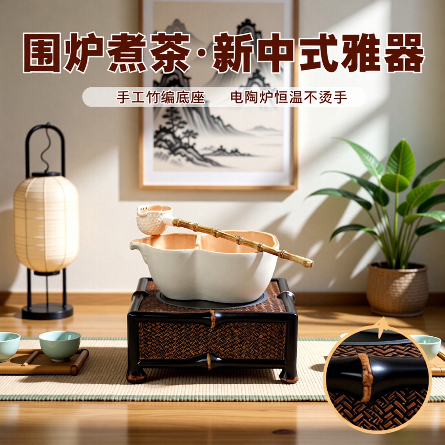 围炉煮茶炉电陶炉多功能手工竹编民宿茶室新中式小型煮茶炉竹碳炉