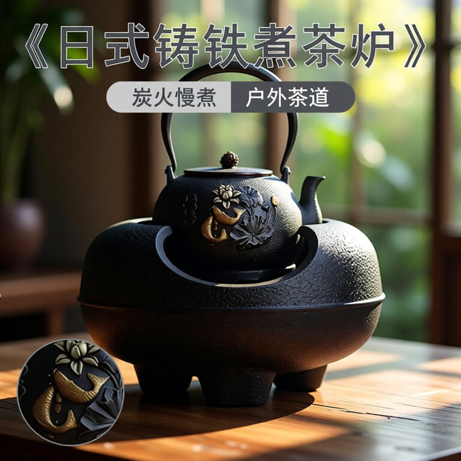 煮茶器大伍德炉铸铁炉炭火 铁壶煮茶炉日本火钵风釜茶道户外代发