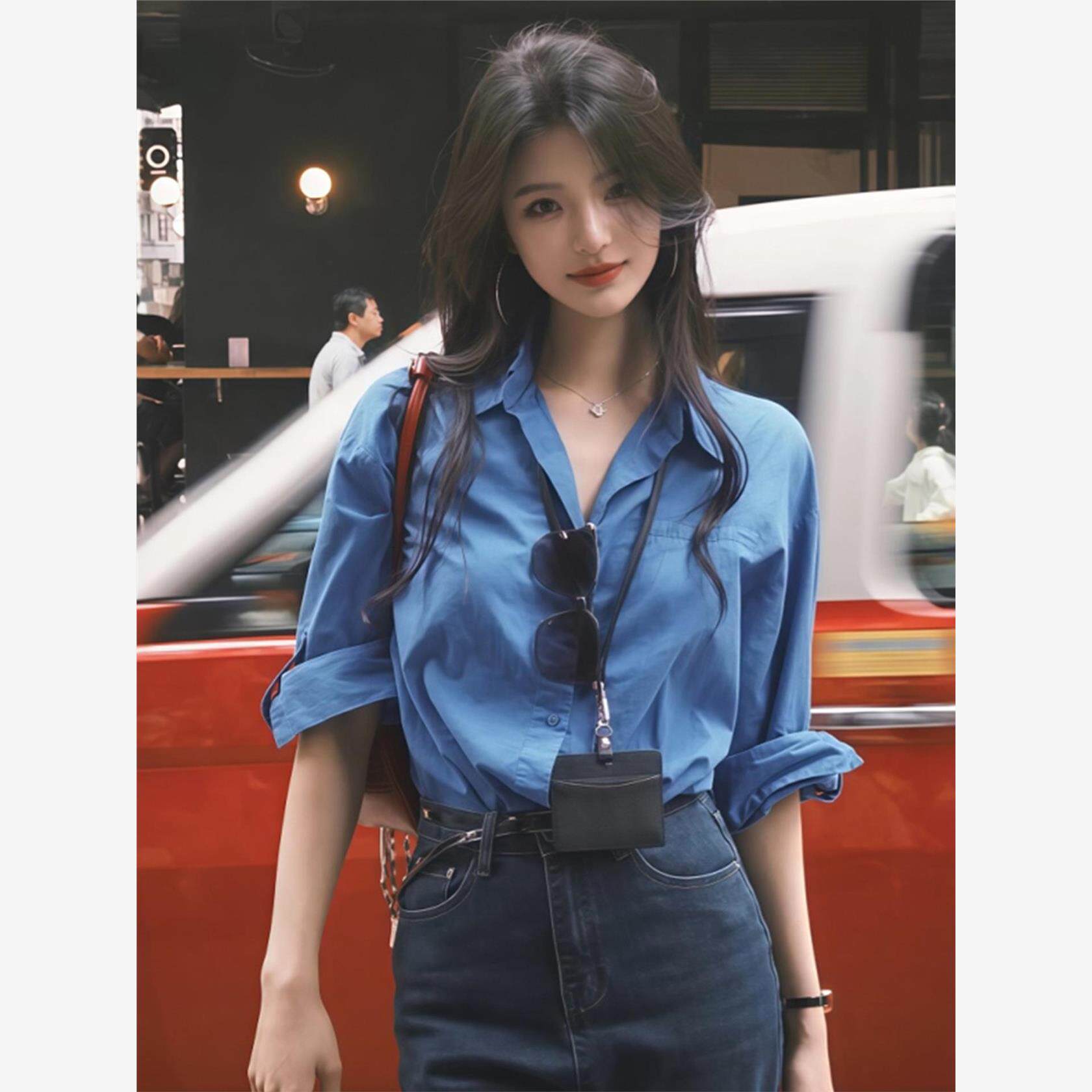 港风覆古蓝色长袖衬衫女秋季新款高级感polo翻领衬衣宽松气质上衣