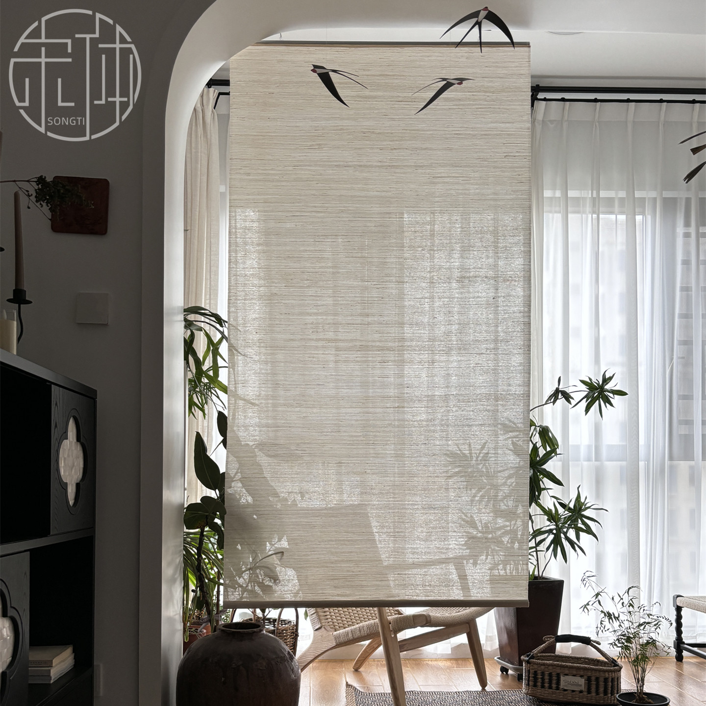 简约纯色ins风装饰苎麻隔断帘垂直挂帘屏风遮挡布帘子定制免打孔