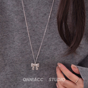 菱格纹蝴蝶结项链女长款 毛衣链纯银配饰秋冬高级感轻奢小众可爱