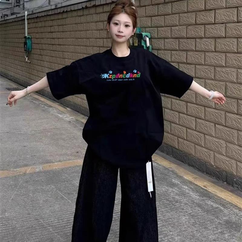 夏季纯棉黑色短袖t恤女2025新款宽松美式高街设计感小众半袖上衣