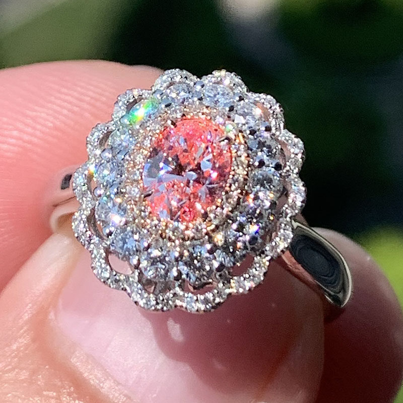 GIA正品0.50克拉天然大戒面椭圆形粉钻SI1镶嵌18K轻奢花边款戒指