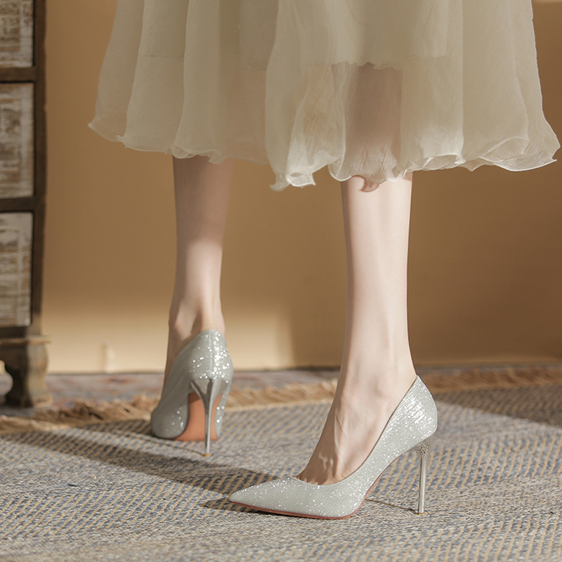 银色高跟鞋女细2023年新款尖头