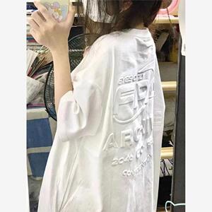 100%纯棉国潮字母压花短袖t恤女学生宽松白色百搭半袖上衣服夏季