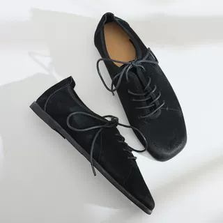 步享~ 原创复古黑色系带深口单鞋女款磨砂真皮方头软底休闲平底鞋,女鞋,深口单鞋,淘宝优惠券,粉丝福利购,淘宝优惠卷