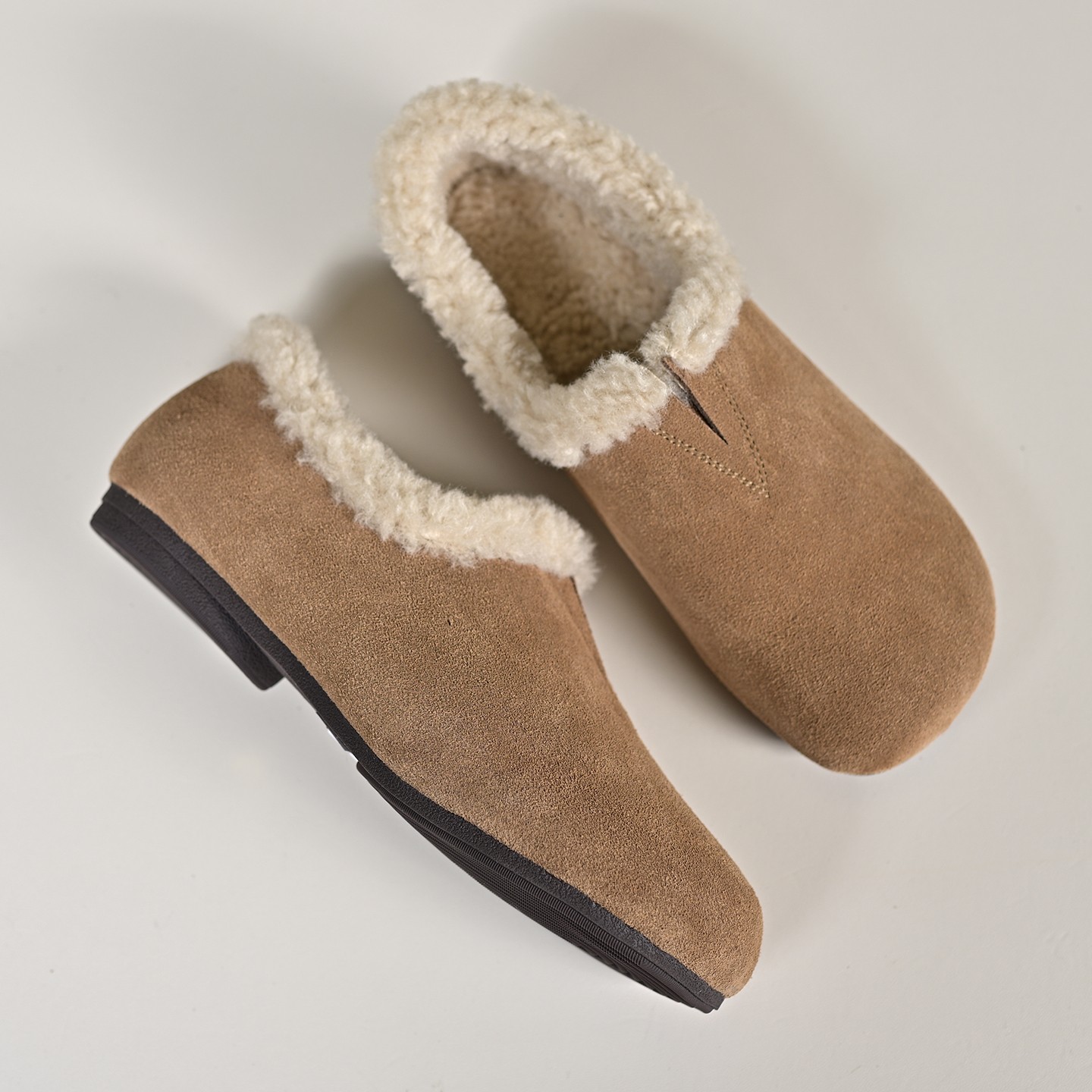 步享卡其色加绒厚毛豆豆鞋女款