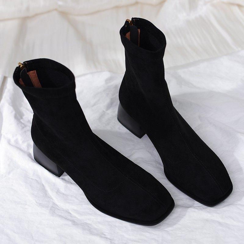 步享~ 韩版方头粗跟绒面瘦瘦靴短靴女百搭黑色中跟真皮弹力靴袜靴,女鞋,弹力靴/袜靴,淘宝优惠券,粉丝福利购,淘宝优惠卷