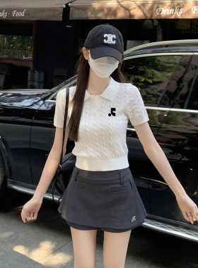 【韩国购】Restandretion灰色麻花针织polo衫女士短袖T恤夏季新款