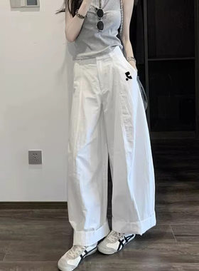 韩国购Restandrecreation韩系新款卷边松弛感白色薄款阔腿长裤女