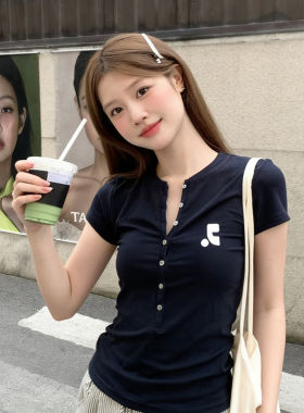 【韩国购】Restandretion正肩修身亨利领短袖T恤女士夏季百搭上衣