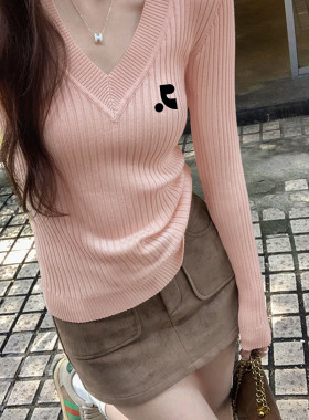 【韩国购】Restandretion秋粉色针织衫女士修身打底长袖上衣