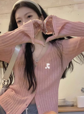 【韩国购】Restandretion纯色V领针织衫女休闲珍珠扣短款上衣