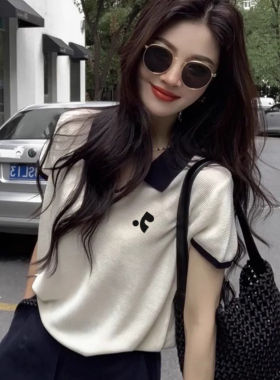 【韩国购】Restandretion休闲正肩冰丝短袖T恤女薄款拼色针织上衣