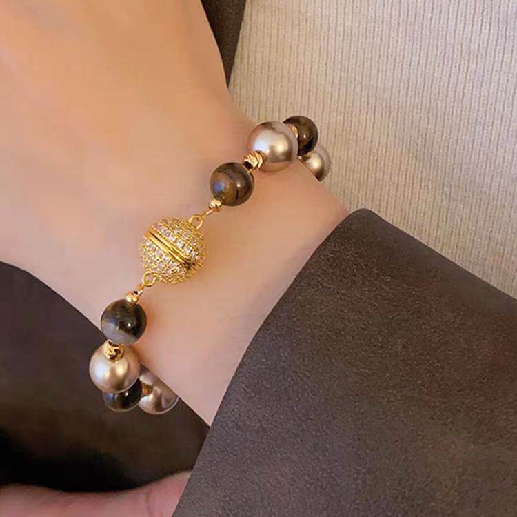 日落黄昏美拉德色摩卡金棕虎眼石珍珠磁吸手串高级感洋气百搭手链
