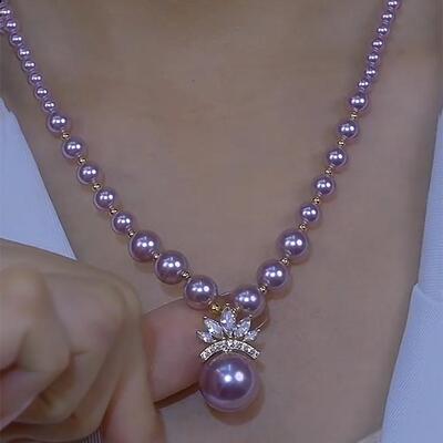 超仙紫色珍珠锆石项链小众设计皇冠百搭高级感珍珠吊坠颈链锁骨链