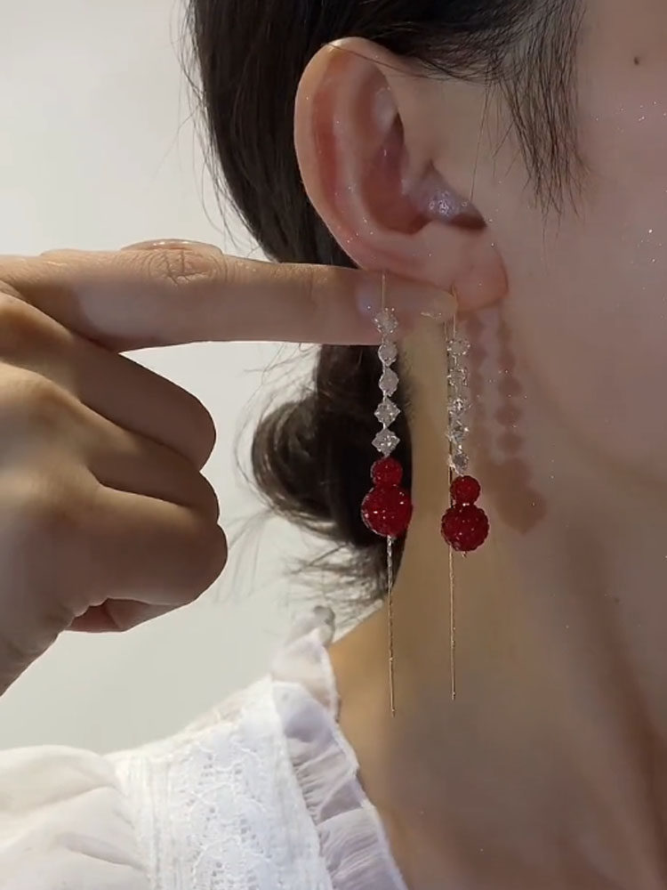小众设计红色满钻球球长款流苏耳线网红爆款轻奢气质个性防丢耳坠