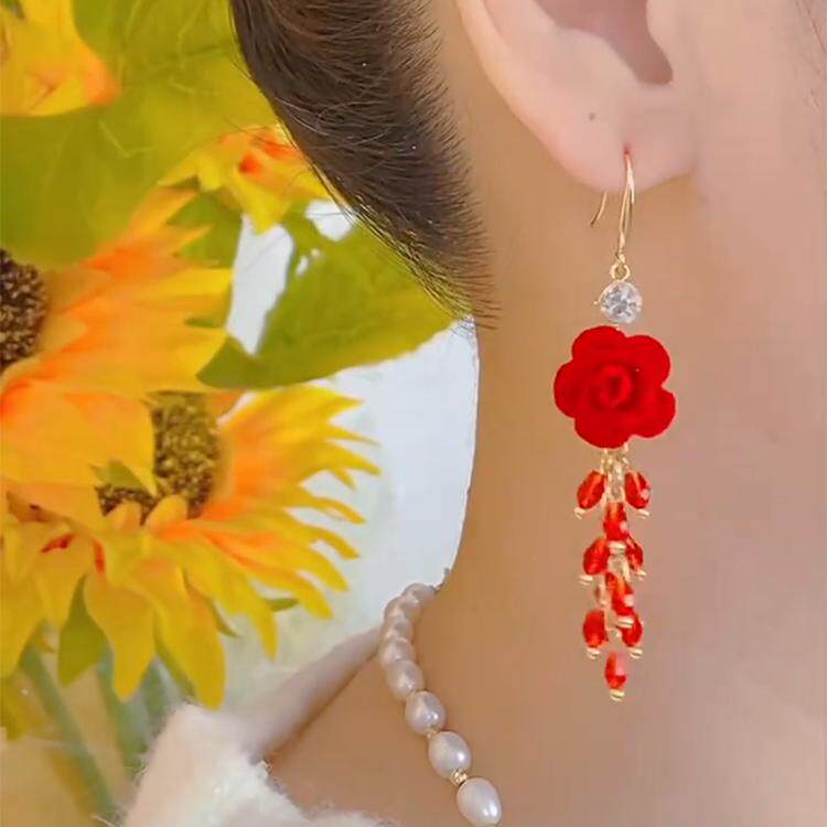 超仙ins风红色水晶串珠玫瑰花流苏耳环抖音网红明星同款喜庆耳坠