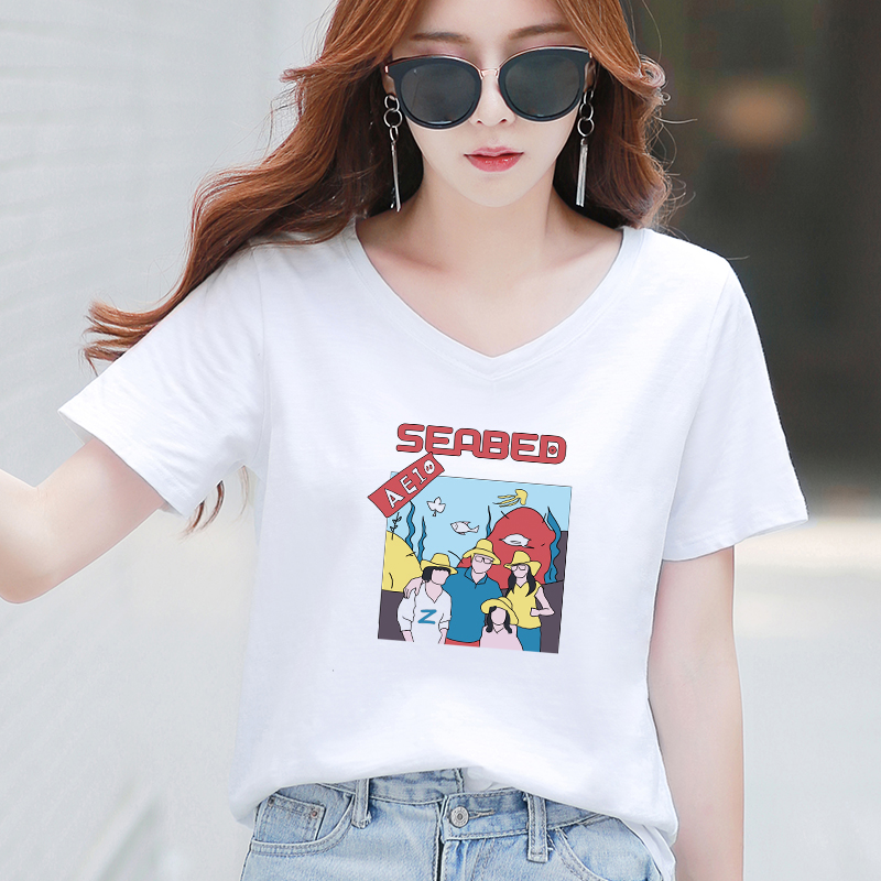 白色t恤女宽松短袖V领韩版纯色棉质印花打底衫女上衣体恤春夏新款