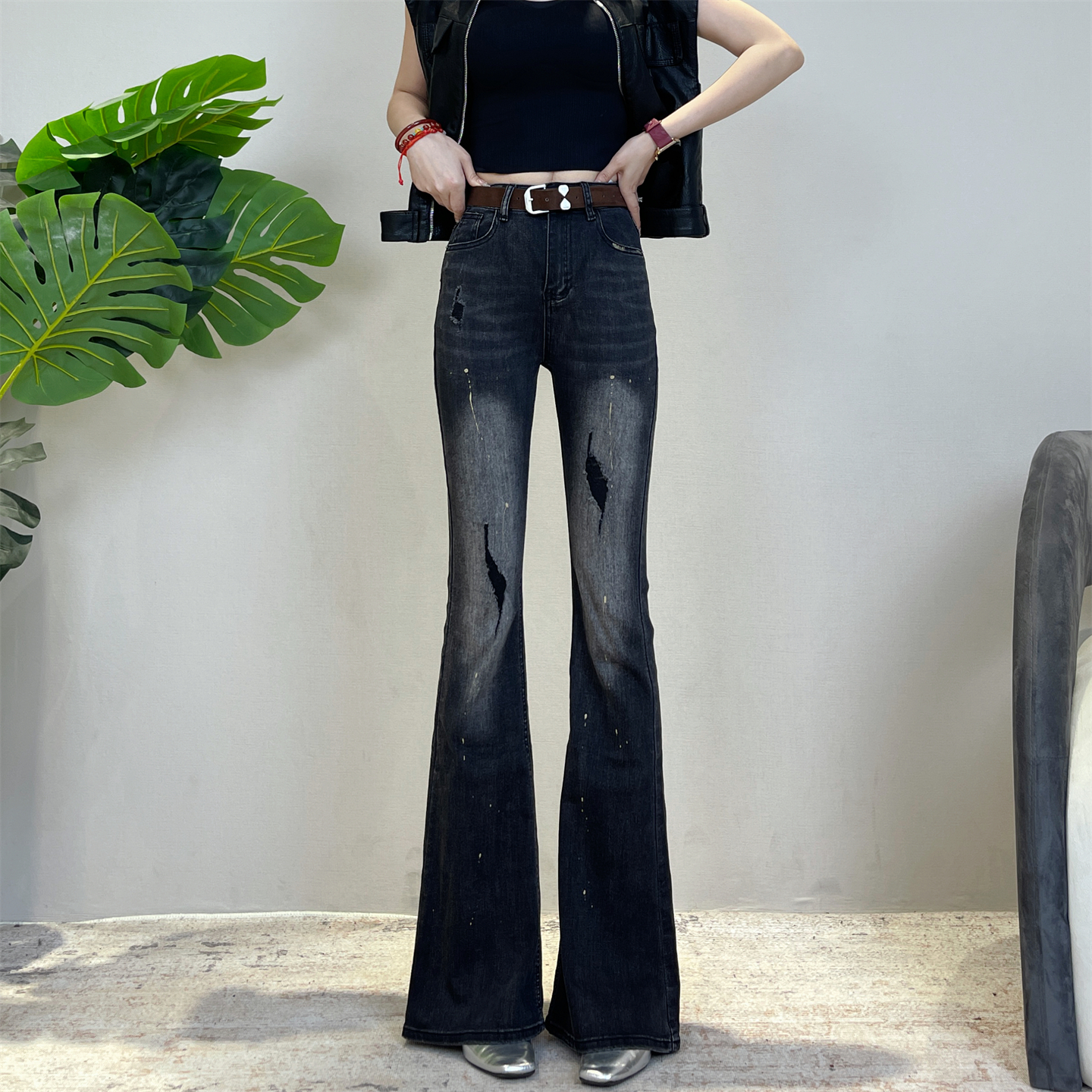 复古辣妹微喇牛仔裤女秋季2025新款小个子黑色修身高腰显瘦喇叭裤