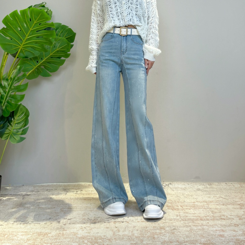秋季女新款高腰显瘦镶钻阔腿裤2025时尚垂感宽松不贴腿牛仔裤