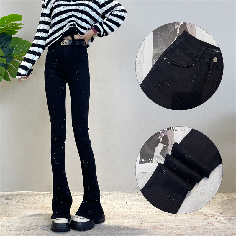 迪否爆款烫钻马蹄裤女秋季2025新款修身弹力高腰显瘦微喇牛仔裤子