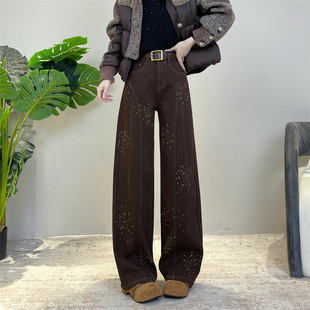 美拉德加绒阔腿弯刀裤新款爆款冬季加厚宽松咖色牛仔裤女气质百搭