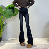 气质微喇裤 2025爆款 加绒新款 高腰修身 蝴蝶结烫钻设计感牛仔裤 冬季