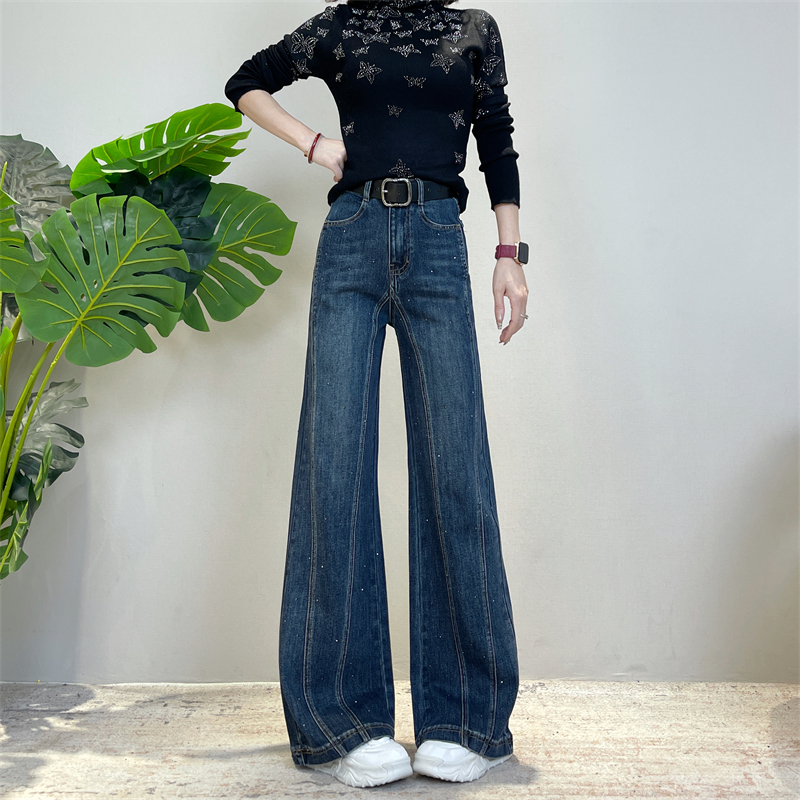 2025镶钻窄版时尚阔腿裤女秋冬加绒新款不贴腿垂感宽松休闲牛仔裤