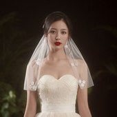 佩赏新娘头纱短款 花瓣蝴蝶结素纱婚纱婚礼头饰旅拍领证小头纱配饰