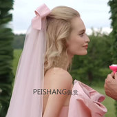 浅粉色丝带蝴蝶短款 双层婚纱礼服小头纱领证登记结婚新娘头纱头饰
