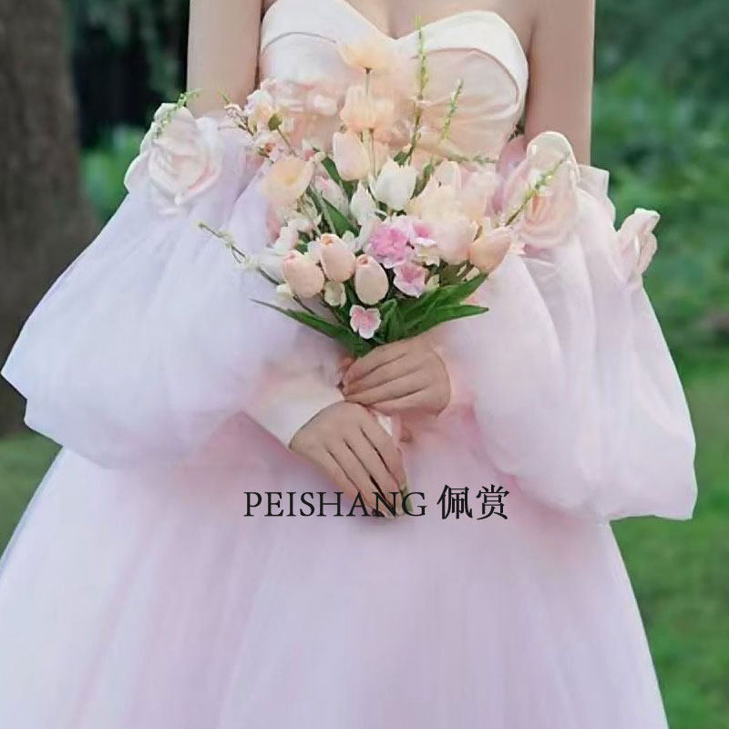 粉色网纱花朵长款蓬蓬袖子婚纱礼服手袖臂袖配饰新娘造型长手套