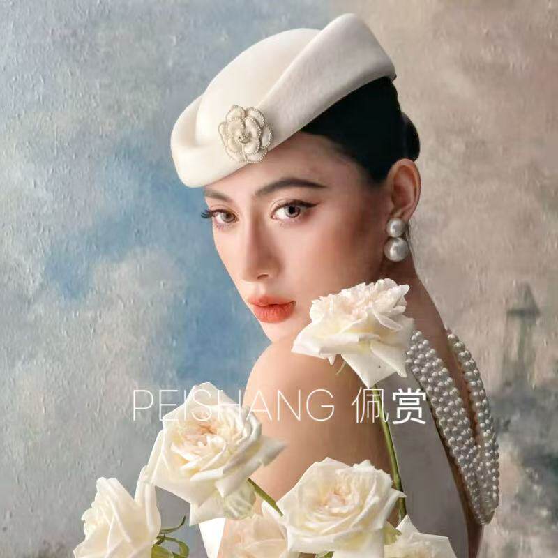 复古赫本风山茶花贝雷帽优雅气质小众造型拍照新娘婚纱礼服头纱