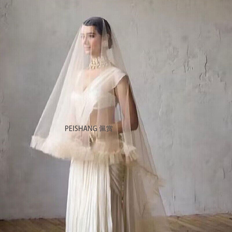 浅香槟长款荷叶花边 拖尾头纱婚纱礼服遮面3米拍照造型新娘头纱
