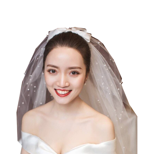 珍珠蝴蝶结新娘头纱甜美简约遮面双层婚纱韩式婚礼旅拍造型头纱