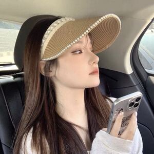 风吹不翻防晒帽珍珠空顶帽子女夏遮阳帽防晒草帽小清新沙滩帽大檐