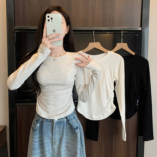秋季2024新款褶皱长袖打底衫女弧形下摆不规则T恤内搭纯棉小上衣