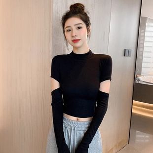 女内搭露脐上衣2024春季 年轻长袖 新款 修身 辣妹装 黑色半高领打底衫
