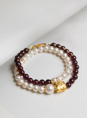 无同  护花宝石 石榴石珍珠双圈925银镀金手钏链女生送礼