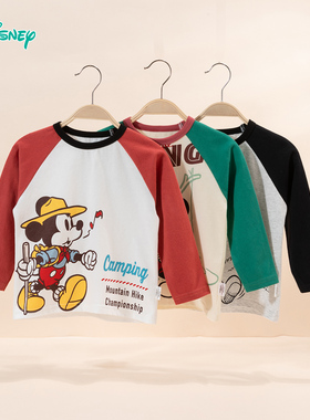 迪士尼童装男童长袖T恤米奇插肩袖纯棉春秋装卡通儿童打底衫上衣